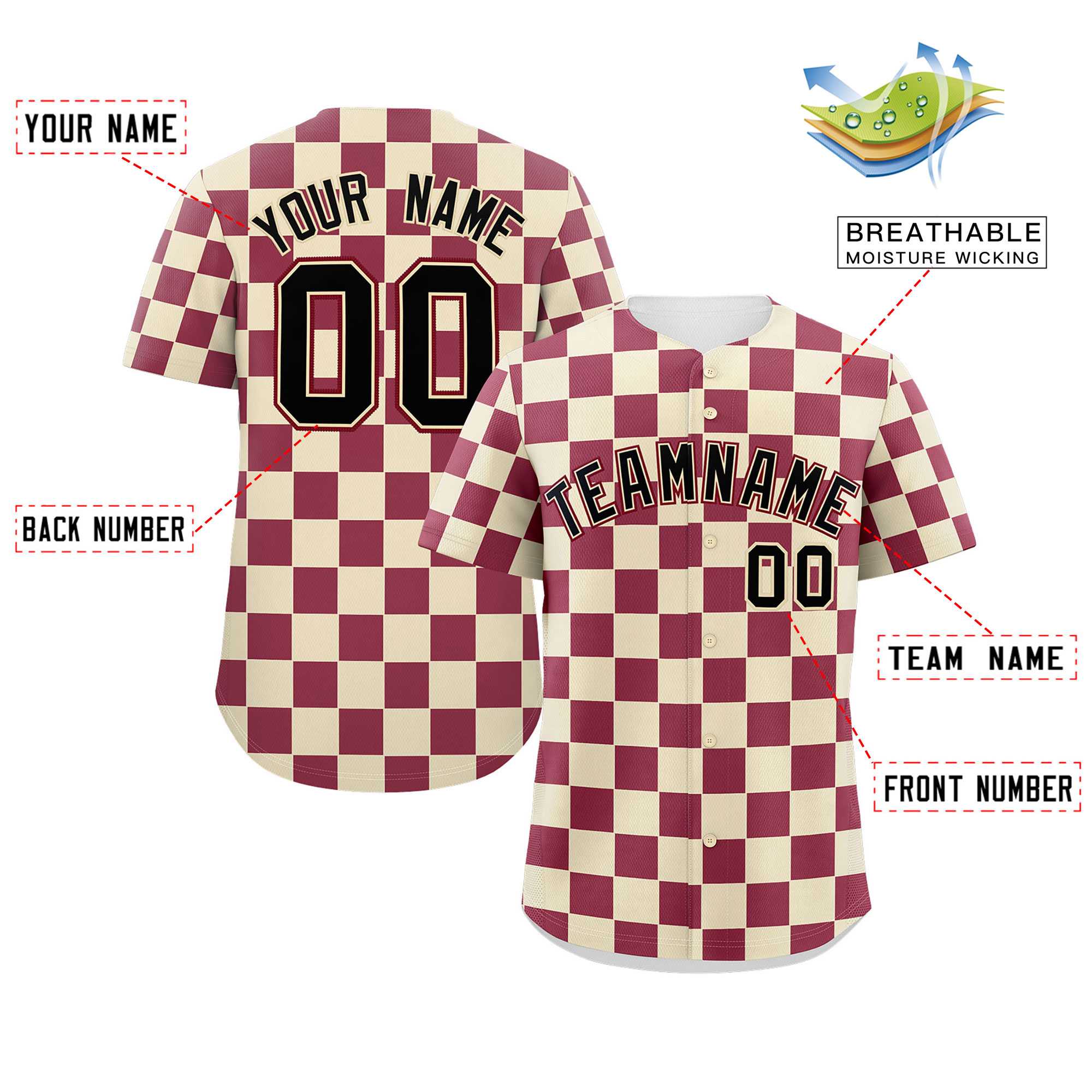 Custom Khaki Crimson Square Grid Color Block Design Authentic Baseball Jersey