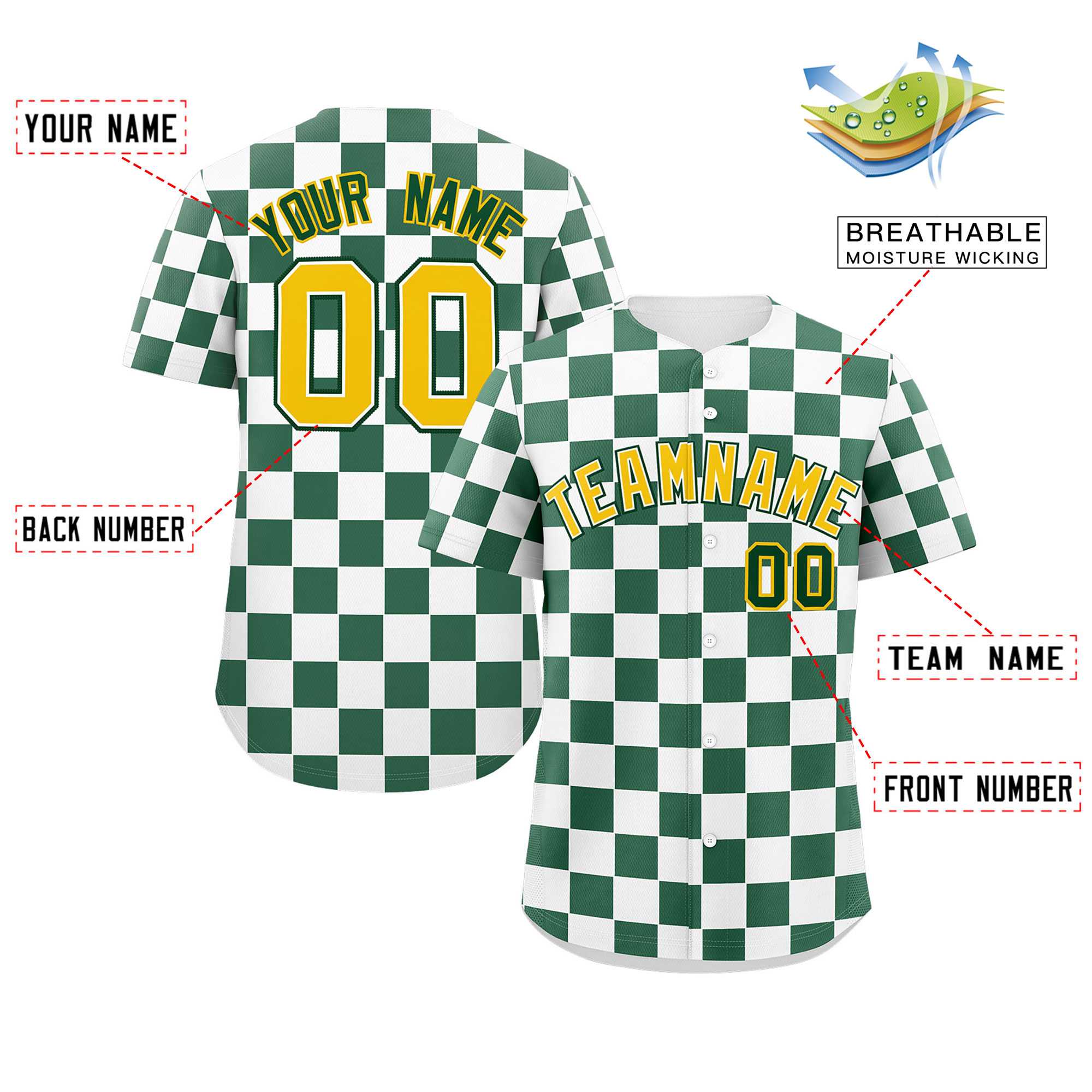 Custom White Green Square Grid Color Block Design Authentic Baseball Jersey