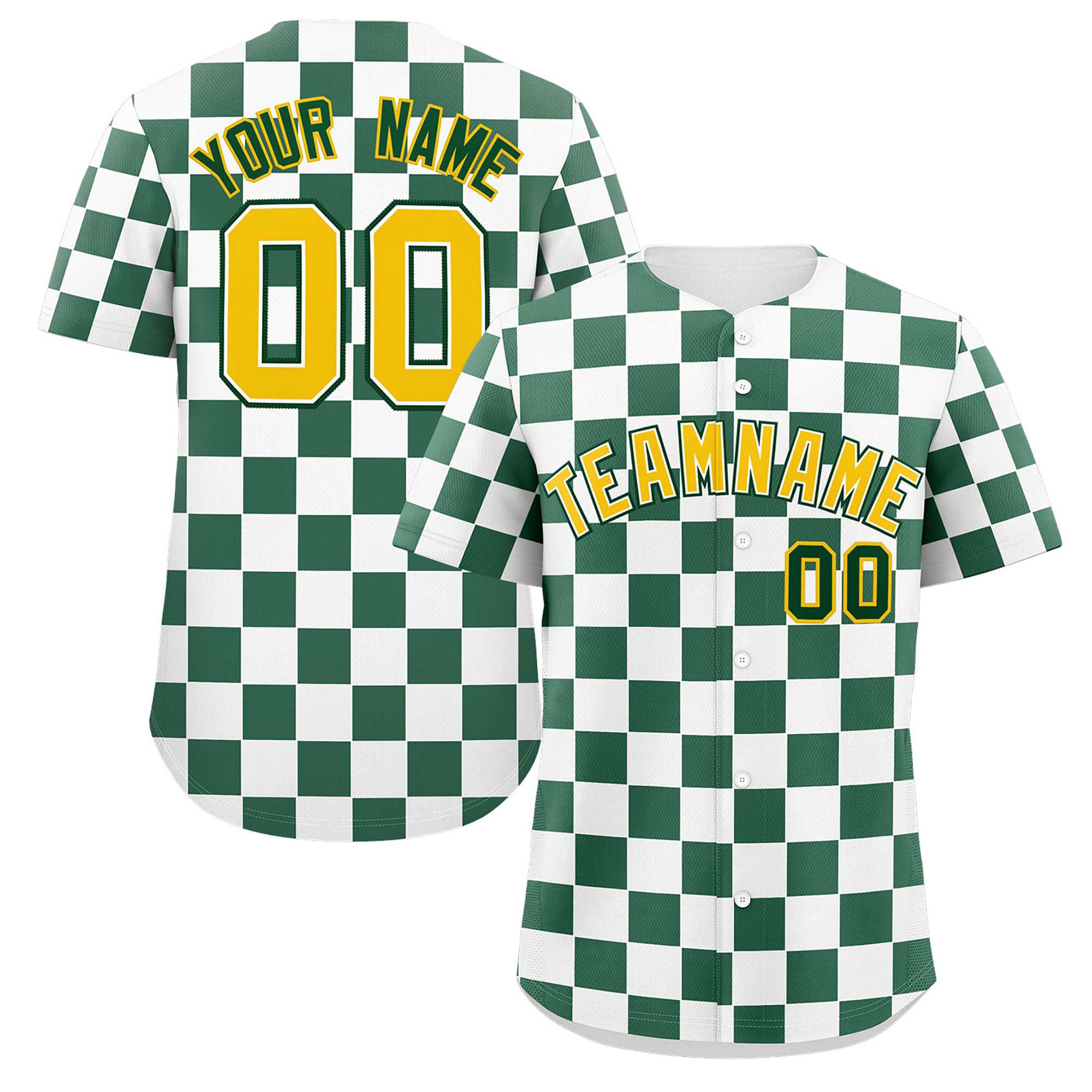 Custom White Green Square Grid Color Block Design Authentic Baseball Jersey