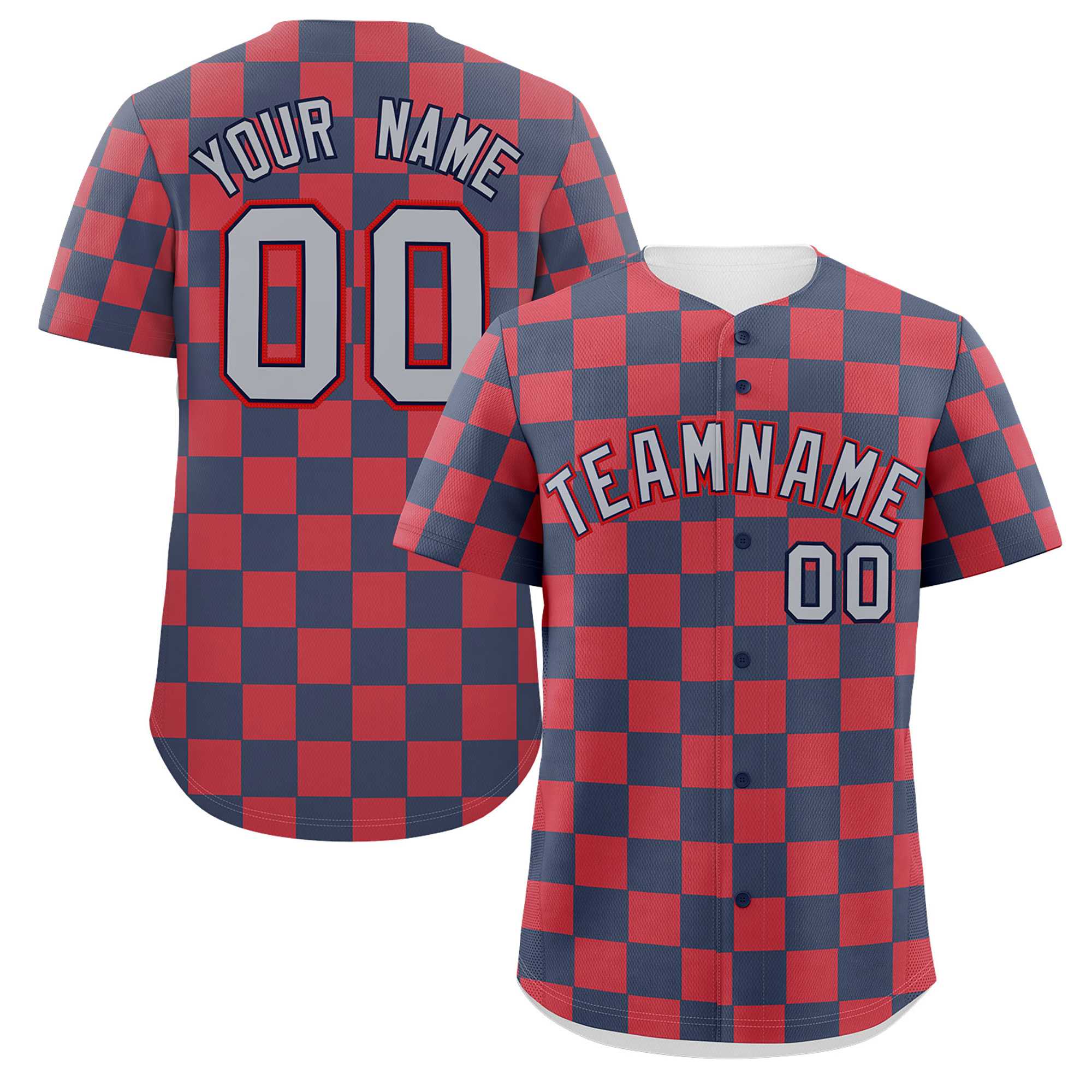 Custom Navy Red Square Grid Color Block Design Authentic Baseball Jersey