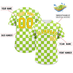 Custom Neon Green White Square Grid Color Block Design Authentic Baseball Jersey