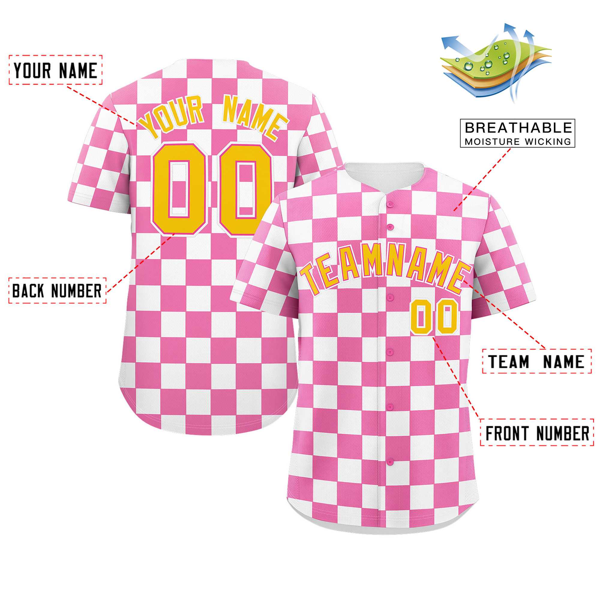 Custom Pink White Square Grid Color Block Design Authentic Baseball Jersey