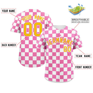 Custom Pink White Square Grid Color Block Design Authentic Baseball Jersey