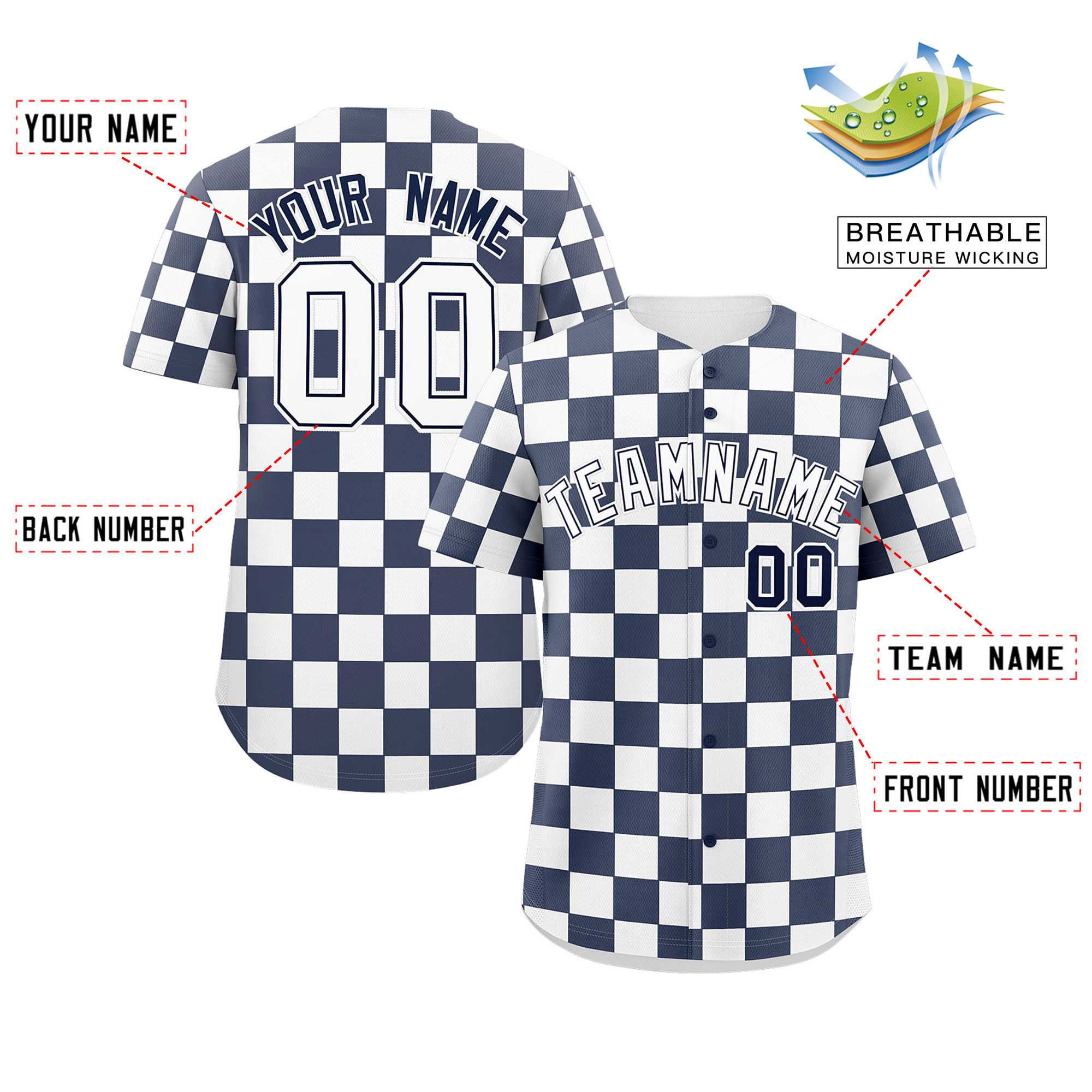 Custom Navy White Square Grid Color Block Design Authentic Baseball Jersey