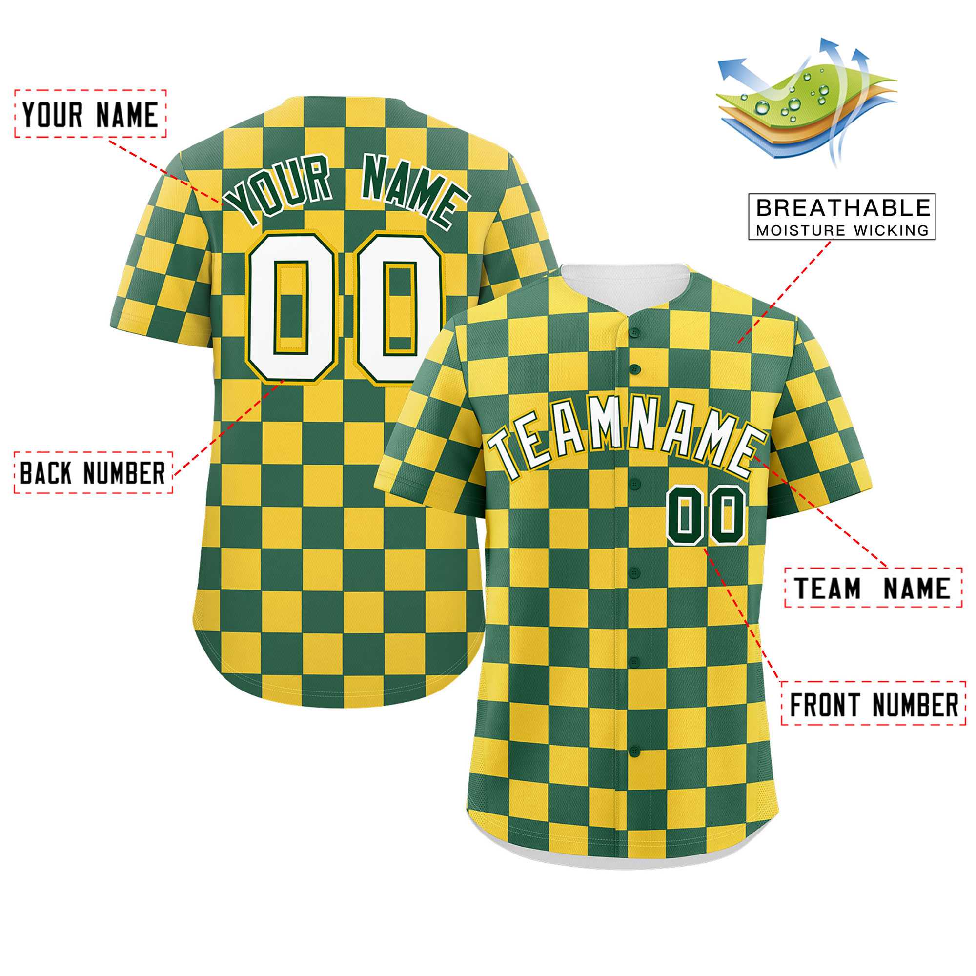 Custom Green Gold Square Grid Color Block Design Authentic Baseball Jersey