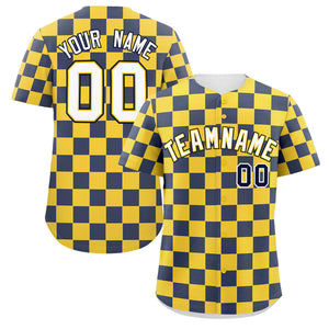 Custom Gold Navy Square Grid Color Block Design Authentic Baseball Jersey