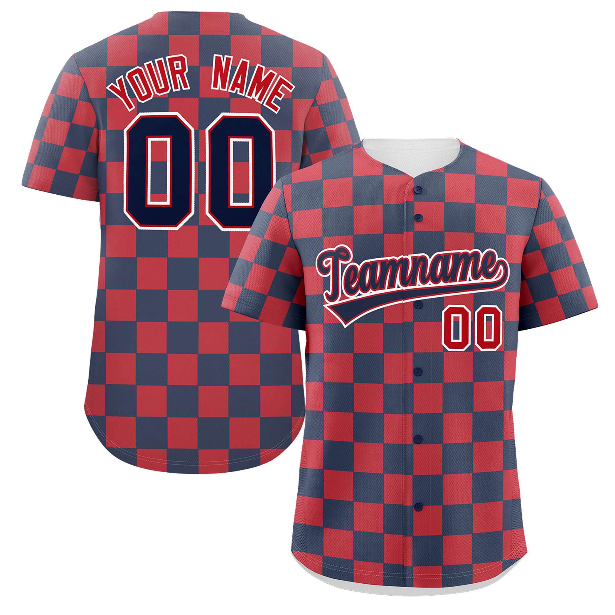 Custom Navy Red Square Grid Color Block Design Authentic Baseball Jersey