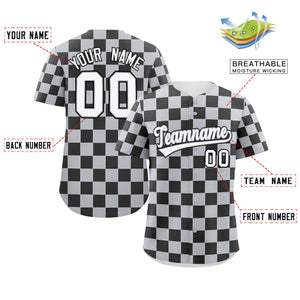 Custom Light Gray Black Square Grid Color Block Design Authentic Baseball Jersey