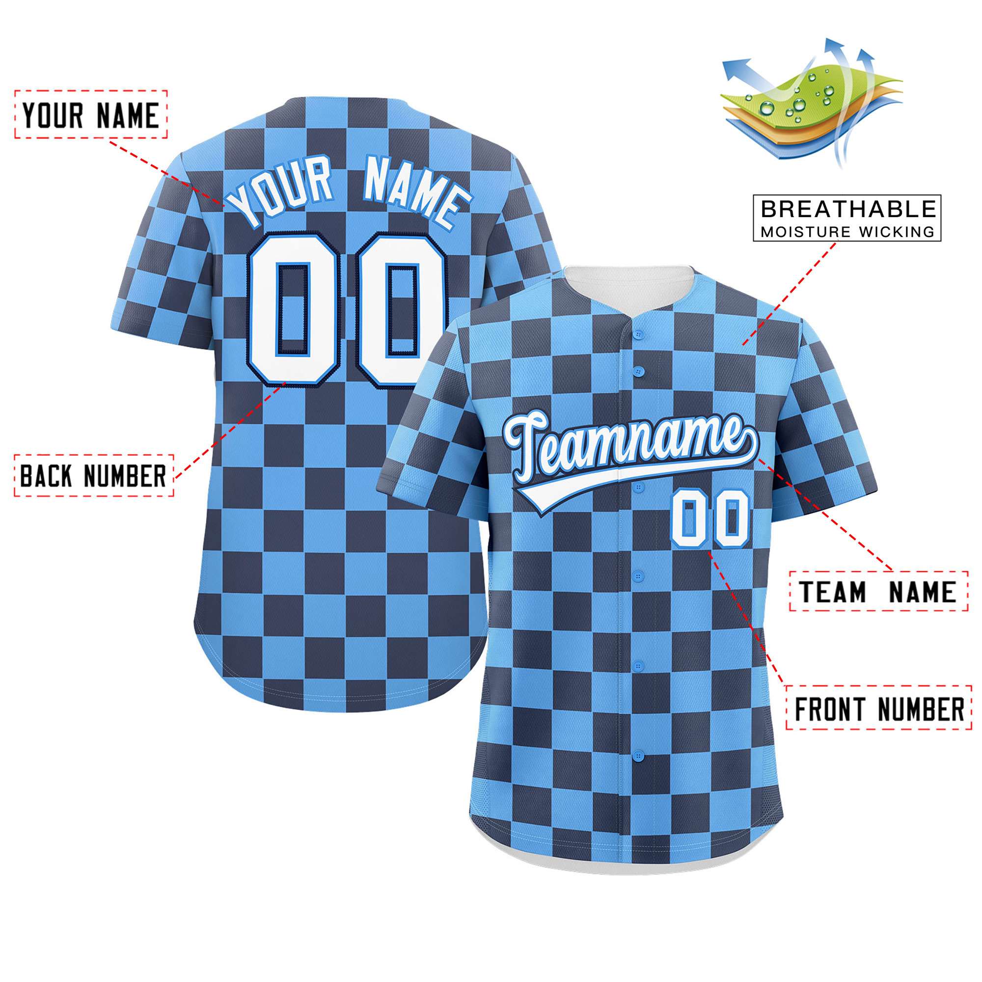 Custom Powder Blue Navy Square Grid Color Block Design Authentic Baseball Jersey