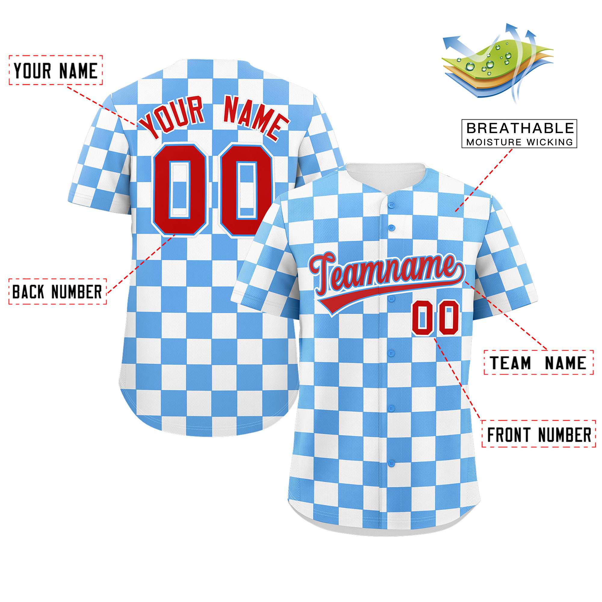 Custom Powder Blue White Square Grid Color Block Design Authentic Baseball Jersey