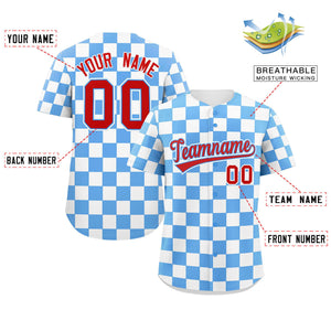 Custom Powder Blue White Square Grid Color Block Design Authentic Baseball Jersey