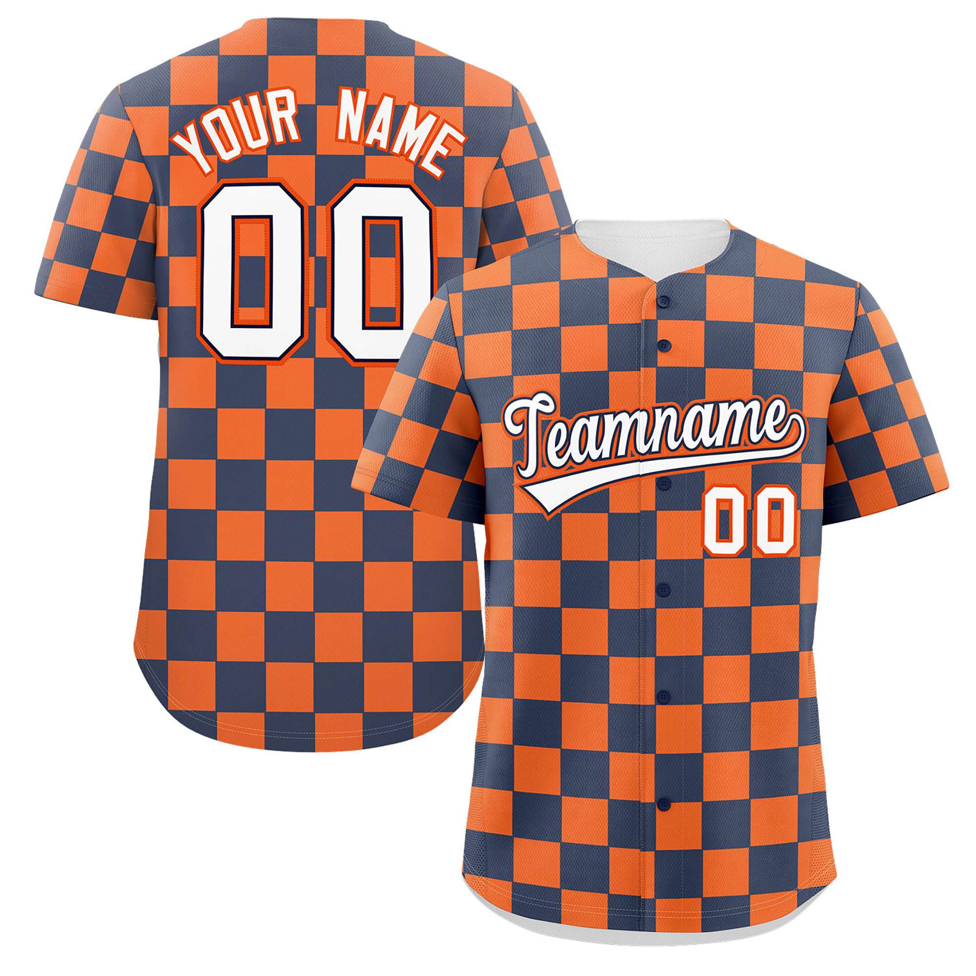 Custom Navy Orange Square Grid Color Block Design Authentic Baseball Jersey