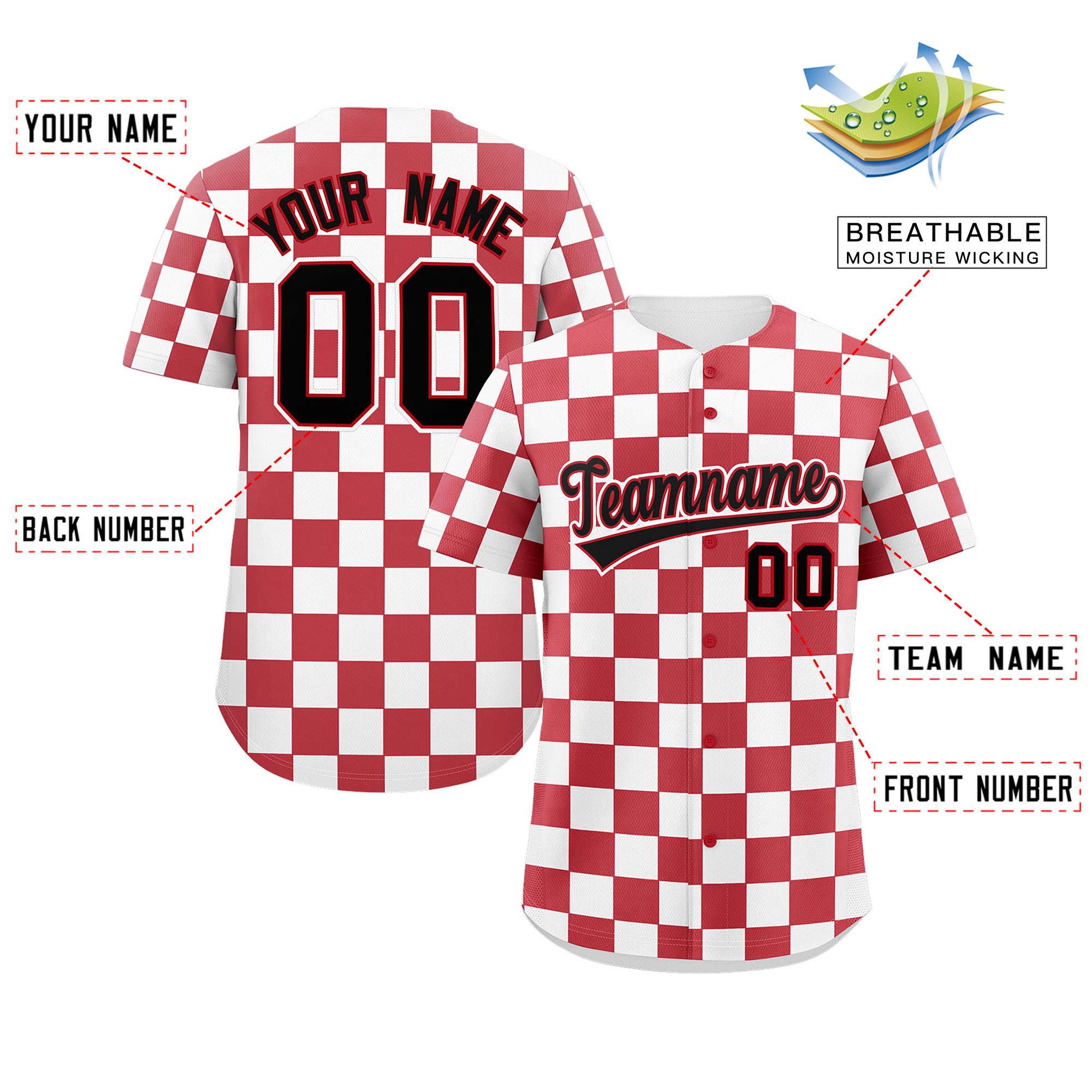 Custom Red White Square Grid Color Block Design Authentic Baseball Jersey