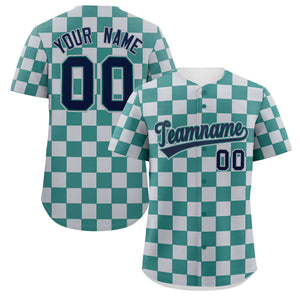 Custom Aqua Light Gray Square Grid Color Block Design Authentic Baseball Jersey