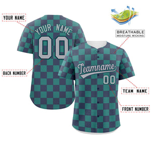 Custom Navy Aqua Square Grid Color Block Design Authentic Baseball Jersey