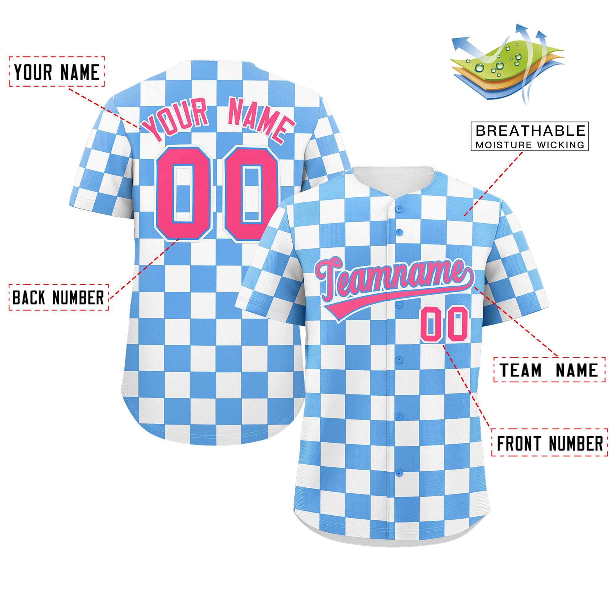 Custom Powder Blue White Square Grid Color Block Design Authentic Baseball Jersey