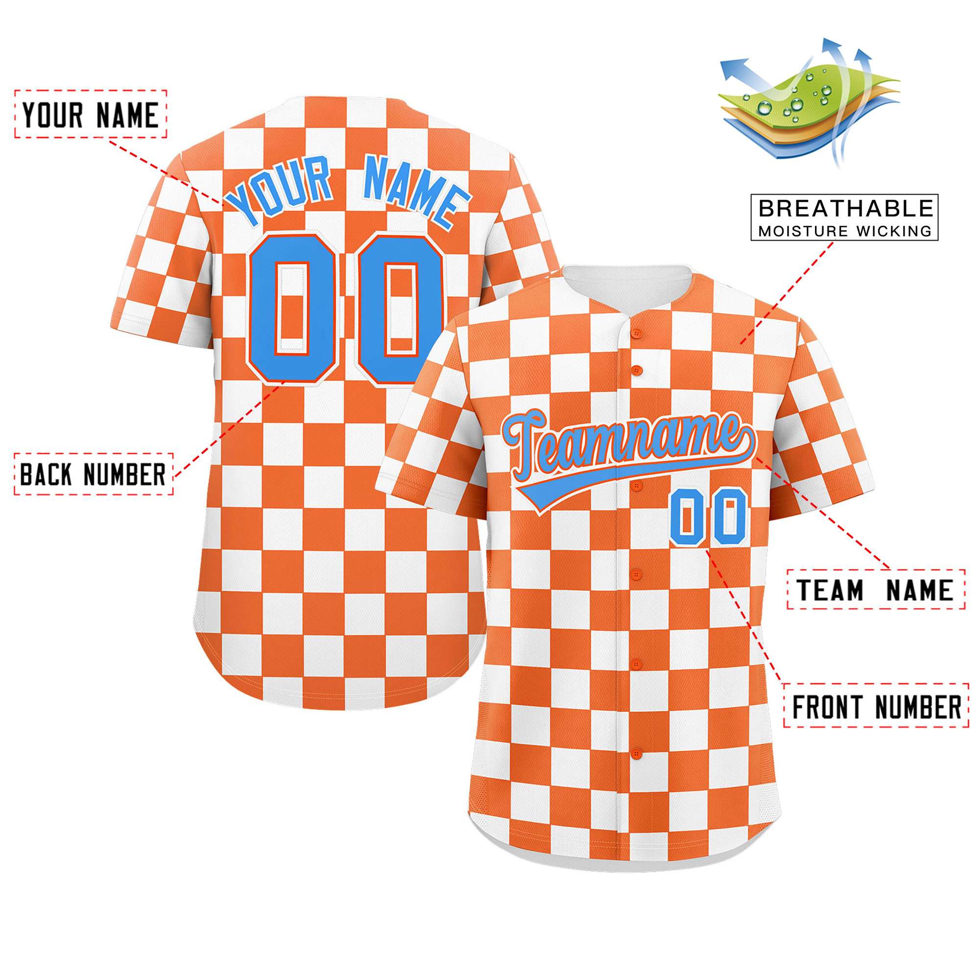 Custom Orange White Square Grid Color Block Design Authentic Baseball Jersey