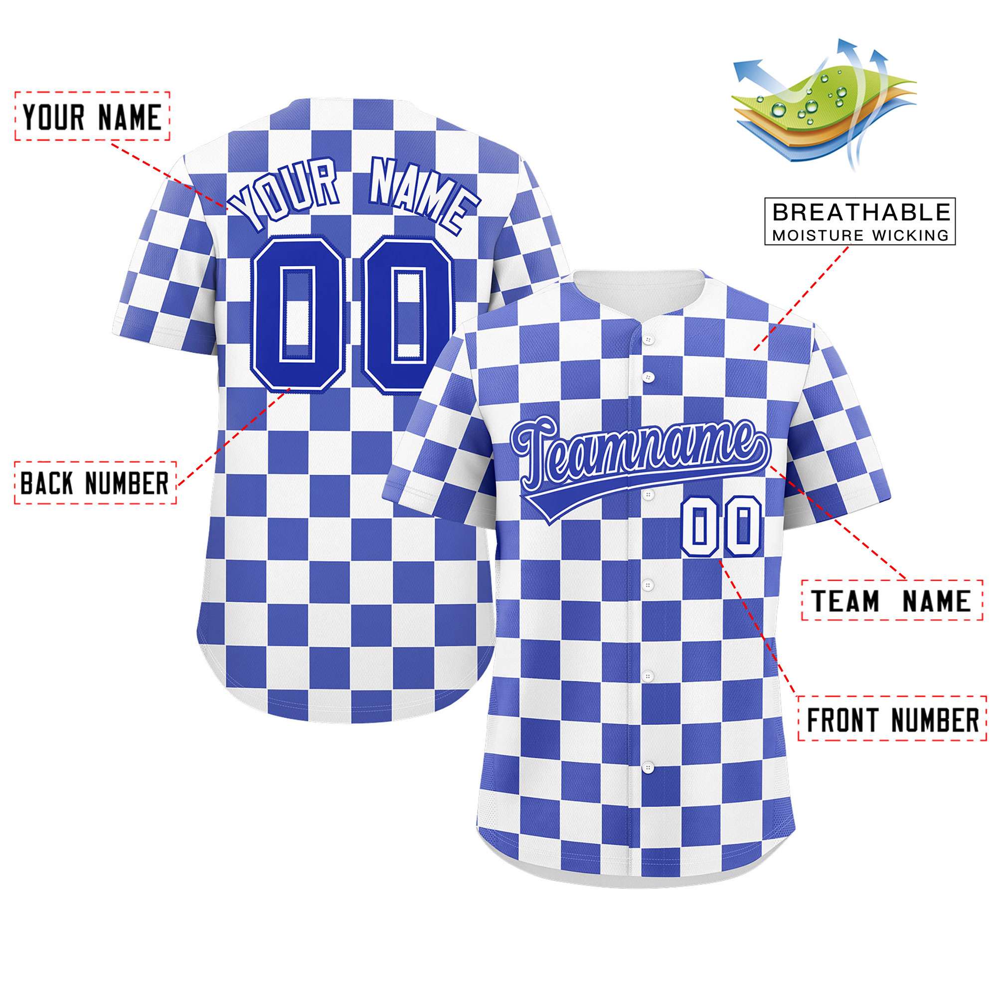 Custom White Royal Square Grid Color Block Design Authentic Baseball Jersey