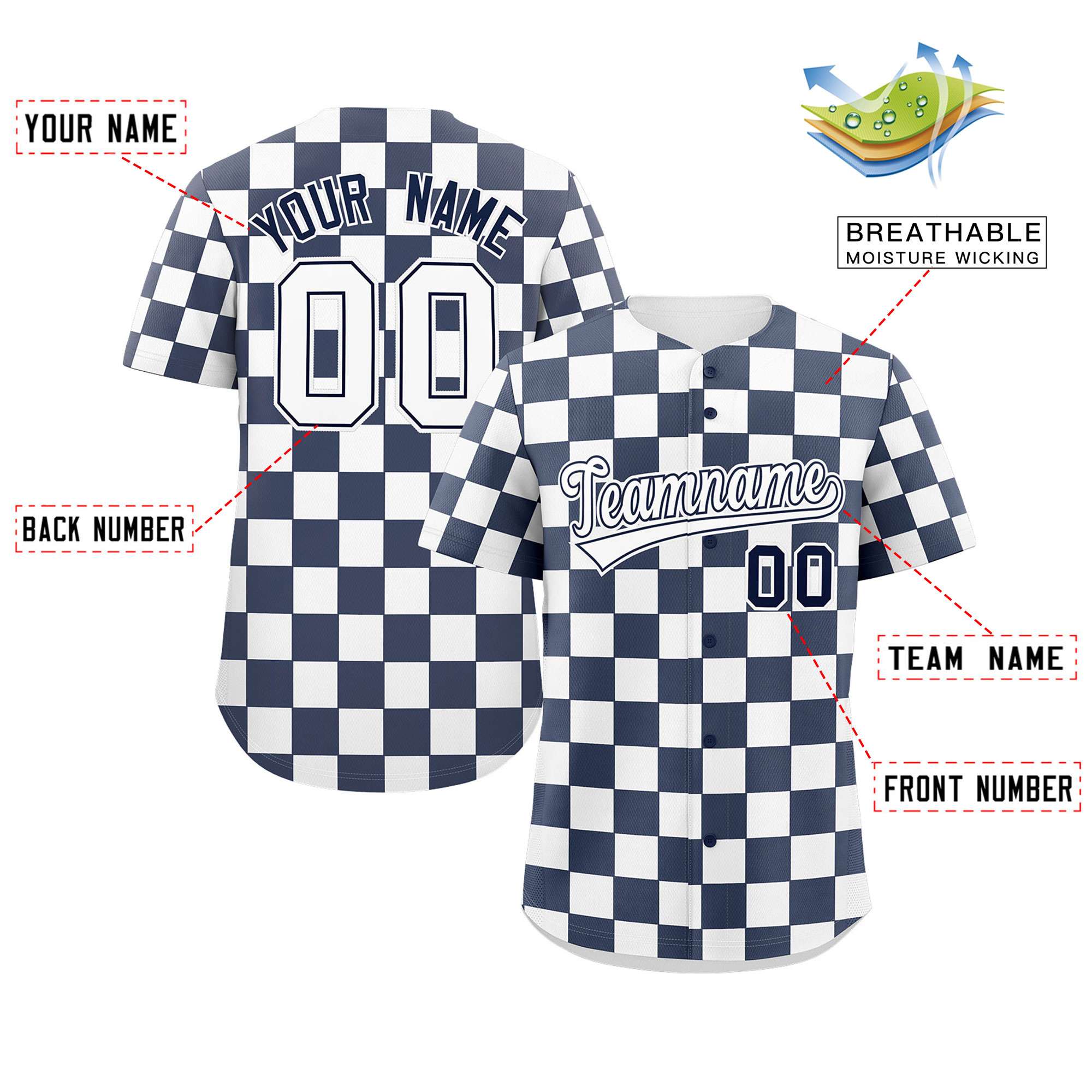 Custom Navy White Square Grid Color Block Design Authentic Baseball Jersey