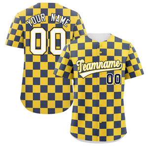 Custom Gold Navy Square Grid Color Block Design Authentic Baseball Jersey