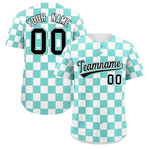 Custom Aqua White Square Grid Color Block Design Authentic Baseball Jersey