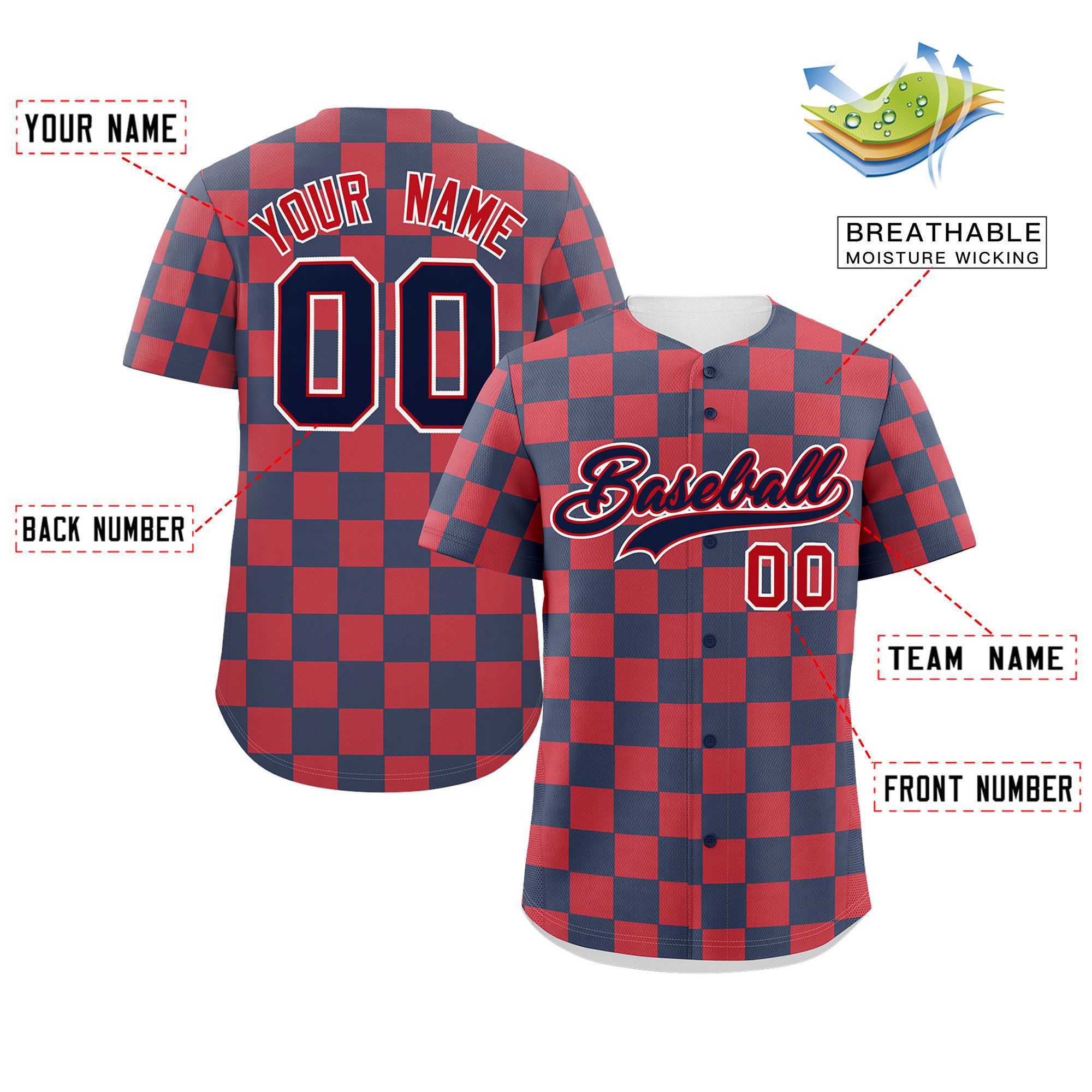 Custom Navy Red Square Grid Color Block Design Authentic Baseball Jersey