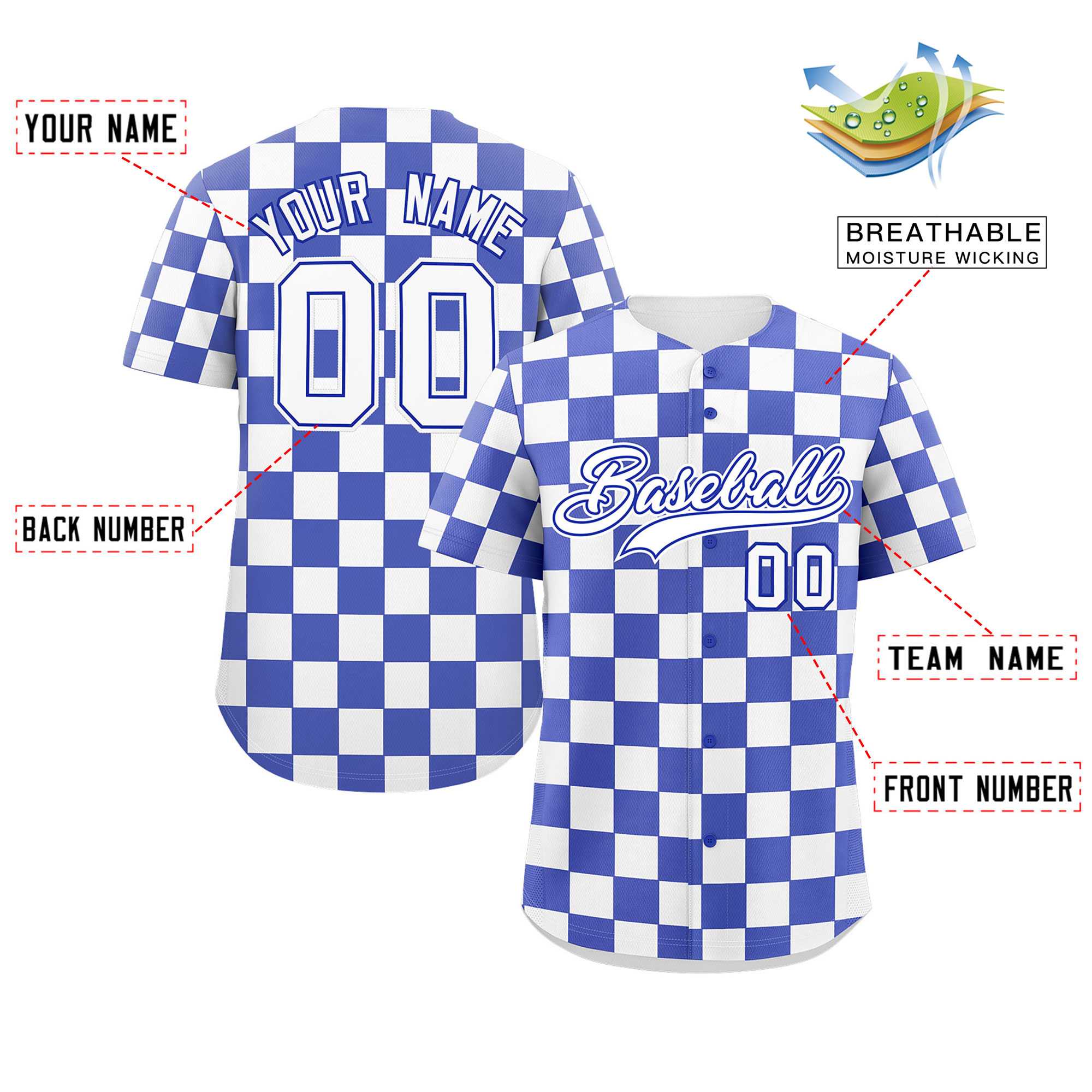 Custom Royal White Square Grid Color Block Design Authentic Baseball Jersey