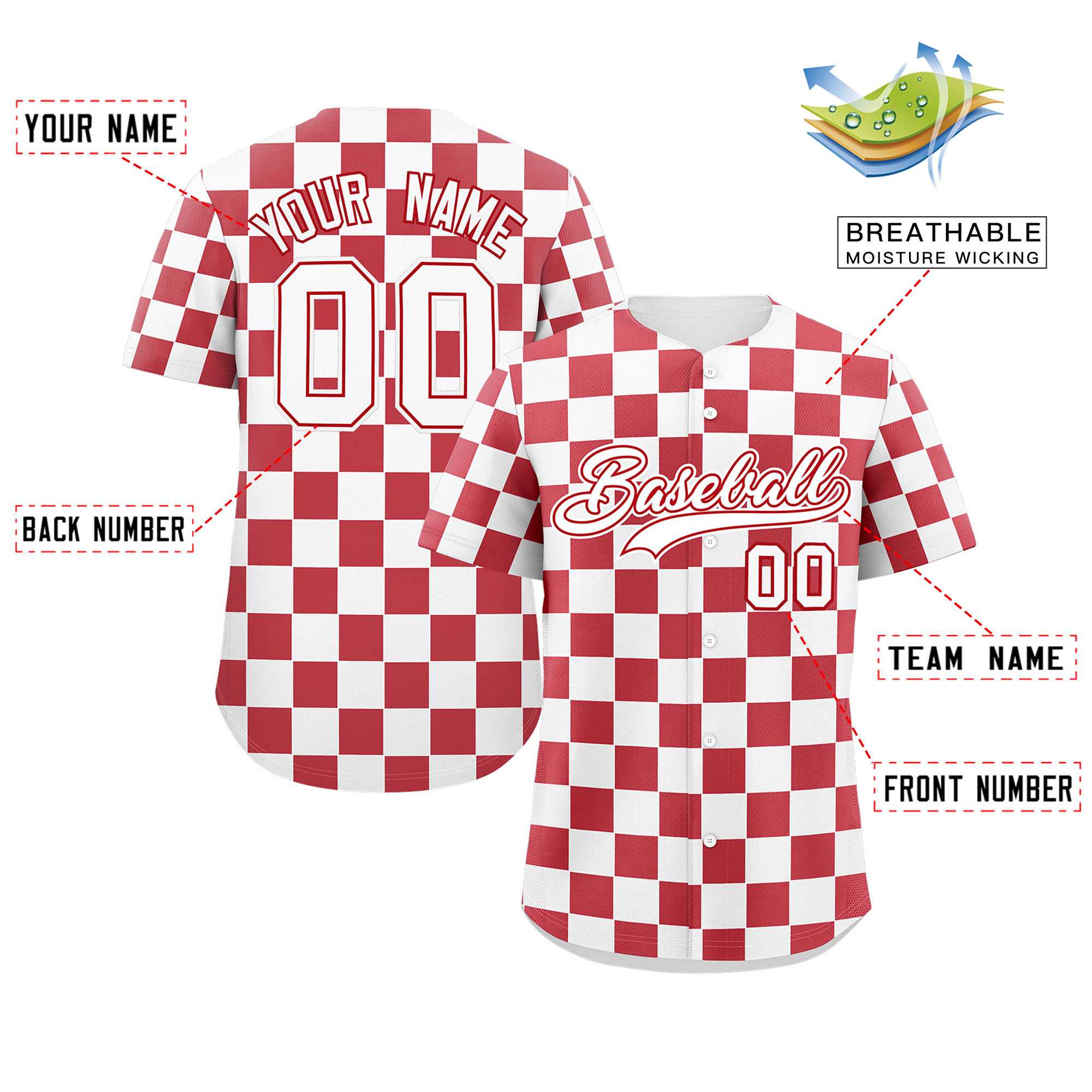 Custom White Red Square Grid Color Block Design Authentic Baseball Jersey