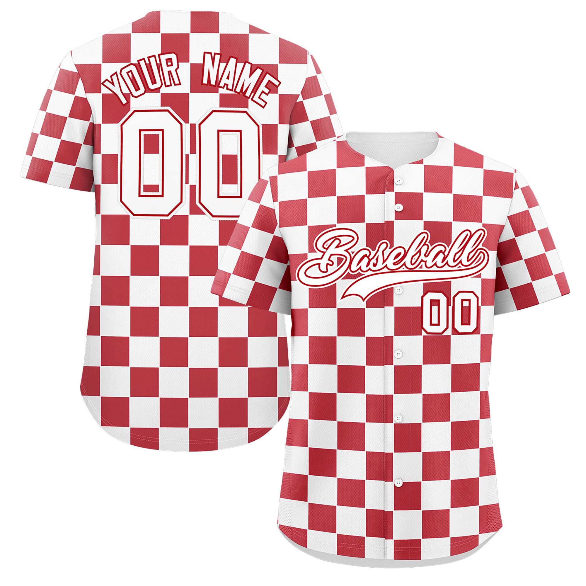 Custom White Red Square Grid Color Block Design Authentic Baseball Jersey