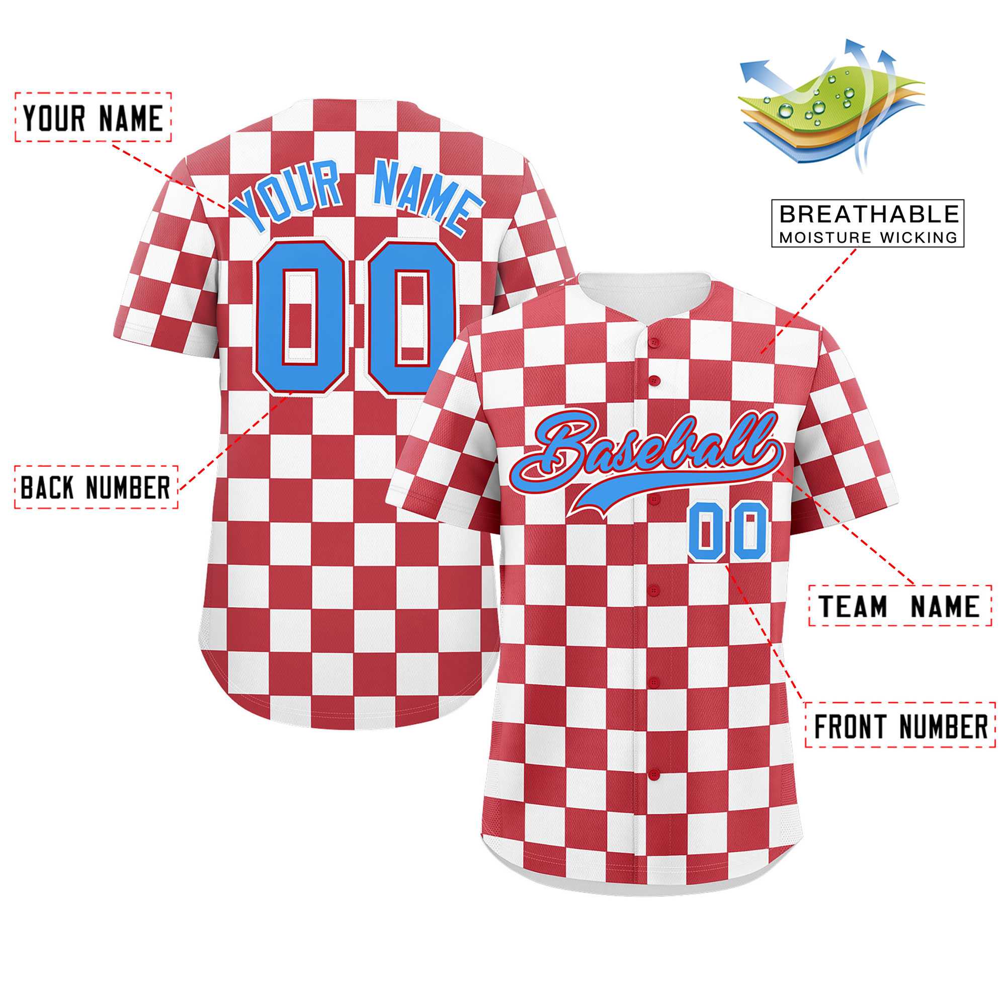 Custom Red White Square Grid Color Block Design Authentic Baseball Jersey