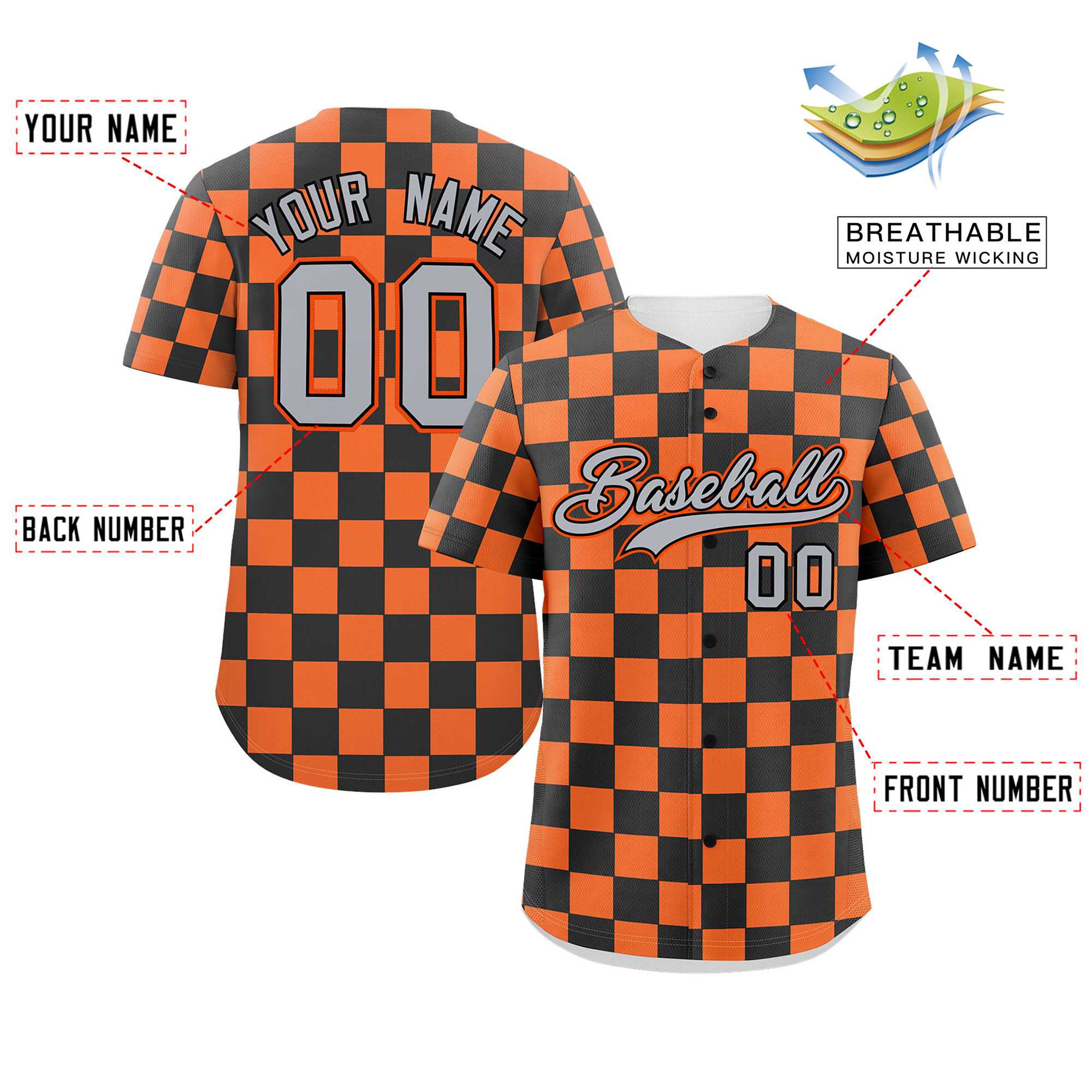 Custom Black Orange Square Grid Color Block Design Authentic Baseball Jersey