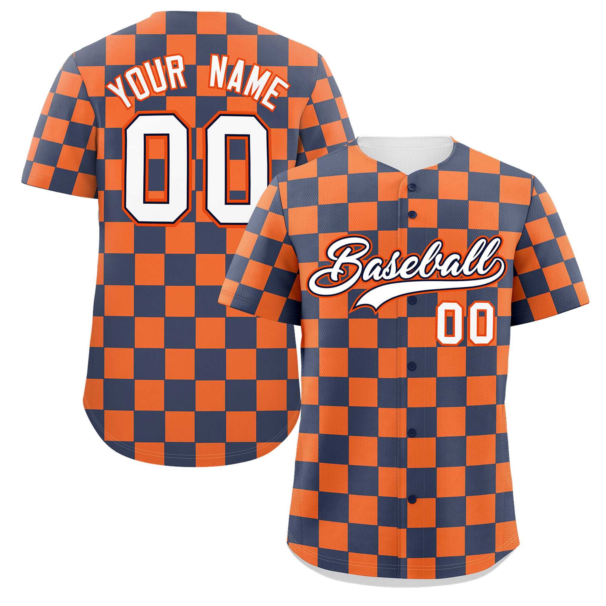 Custom Navy Orange Square Grid Color Block Design Authentic Baseball Jersey