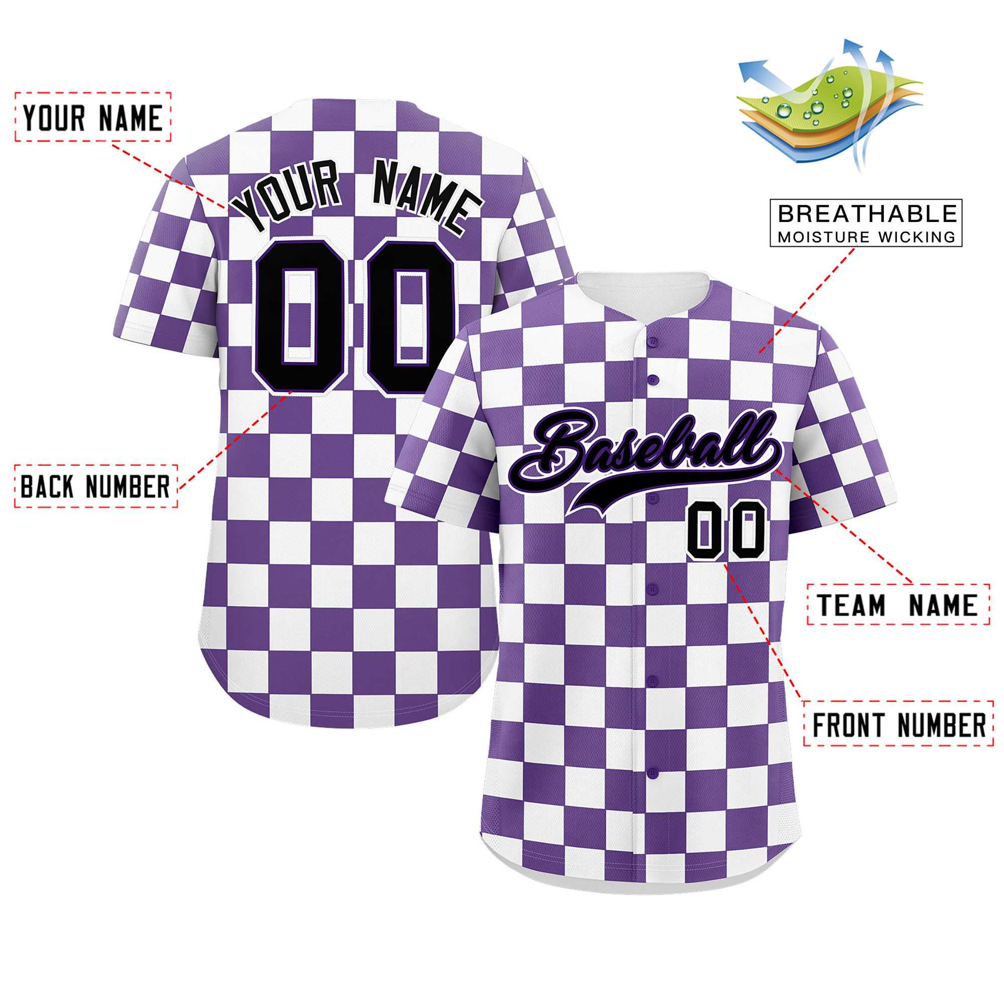 Custom Purple White Square Grid Color Block Design Authentic Baseball Jersey