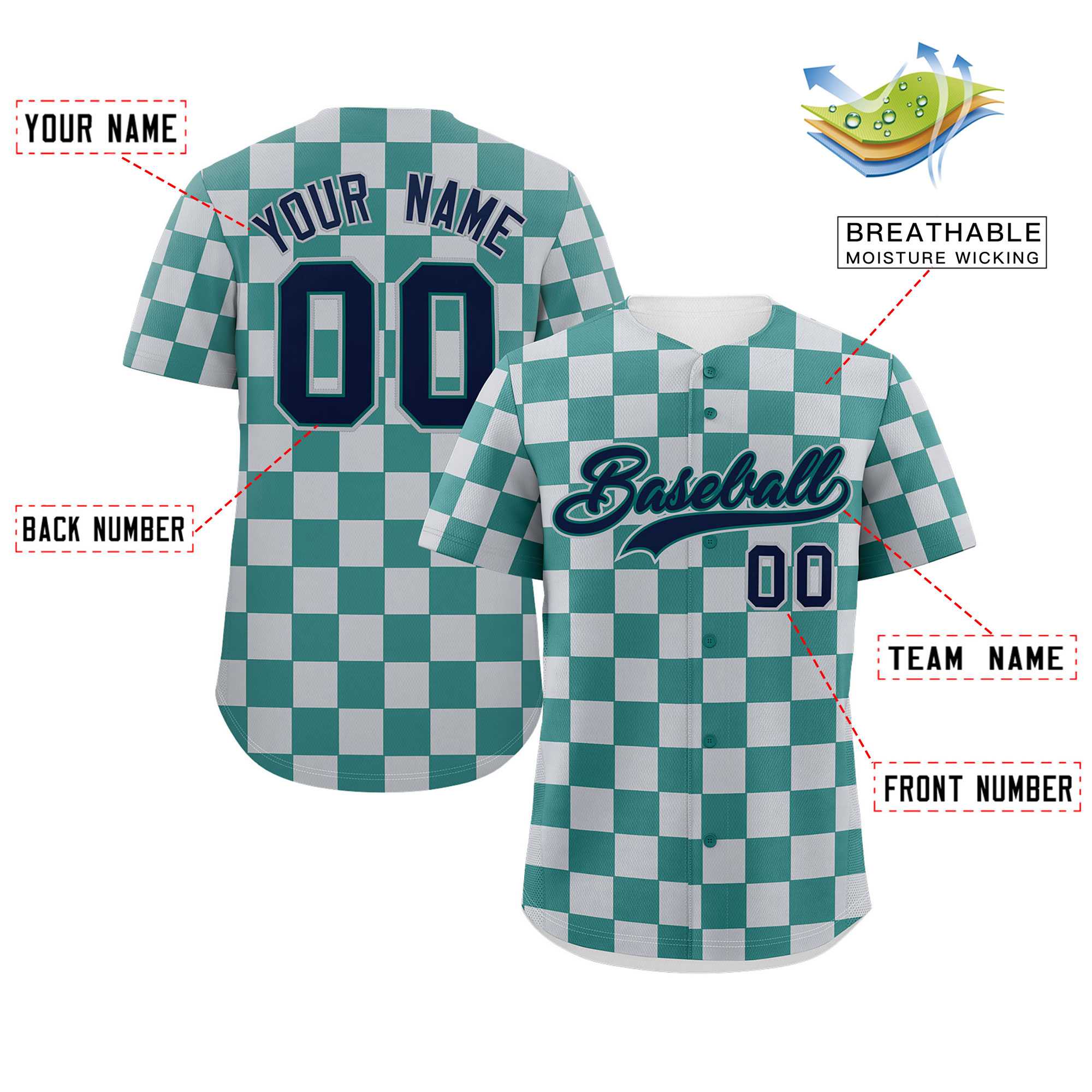 Custom Aqua Light Gray Square Grid Color Block Design Authentic Baseball Jersey