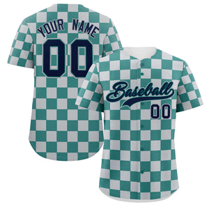 Custom Aqua Light Gray Square Grid Color Block Design Authentic Baseball Jersey