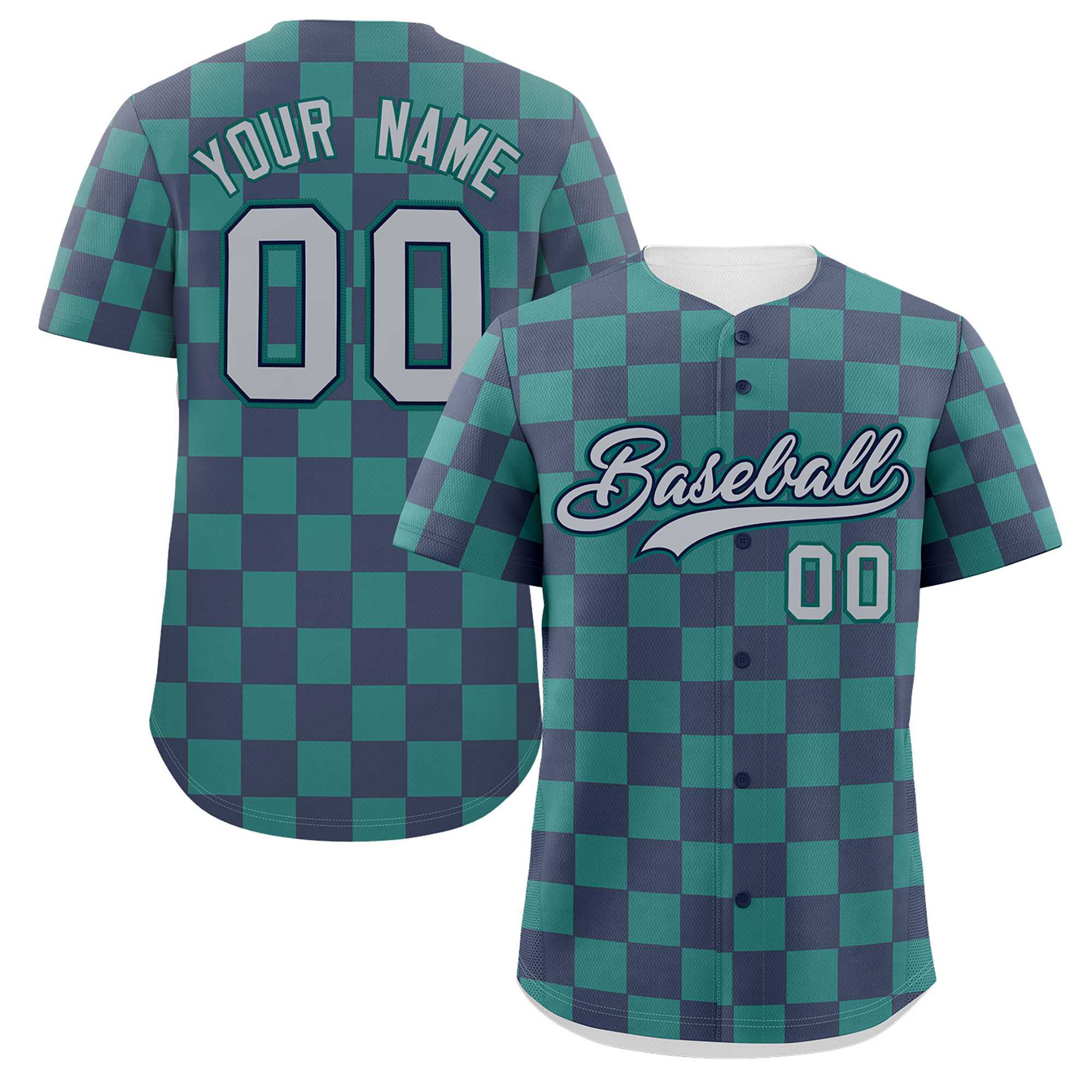 Custom Navy Aqua Square Grid Color Block Design Authentic Baseball Jersey