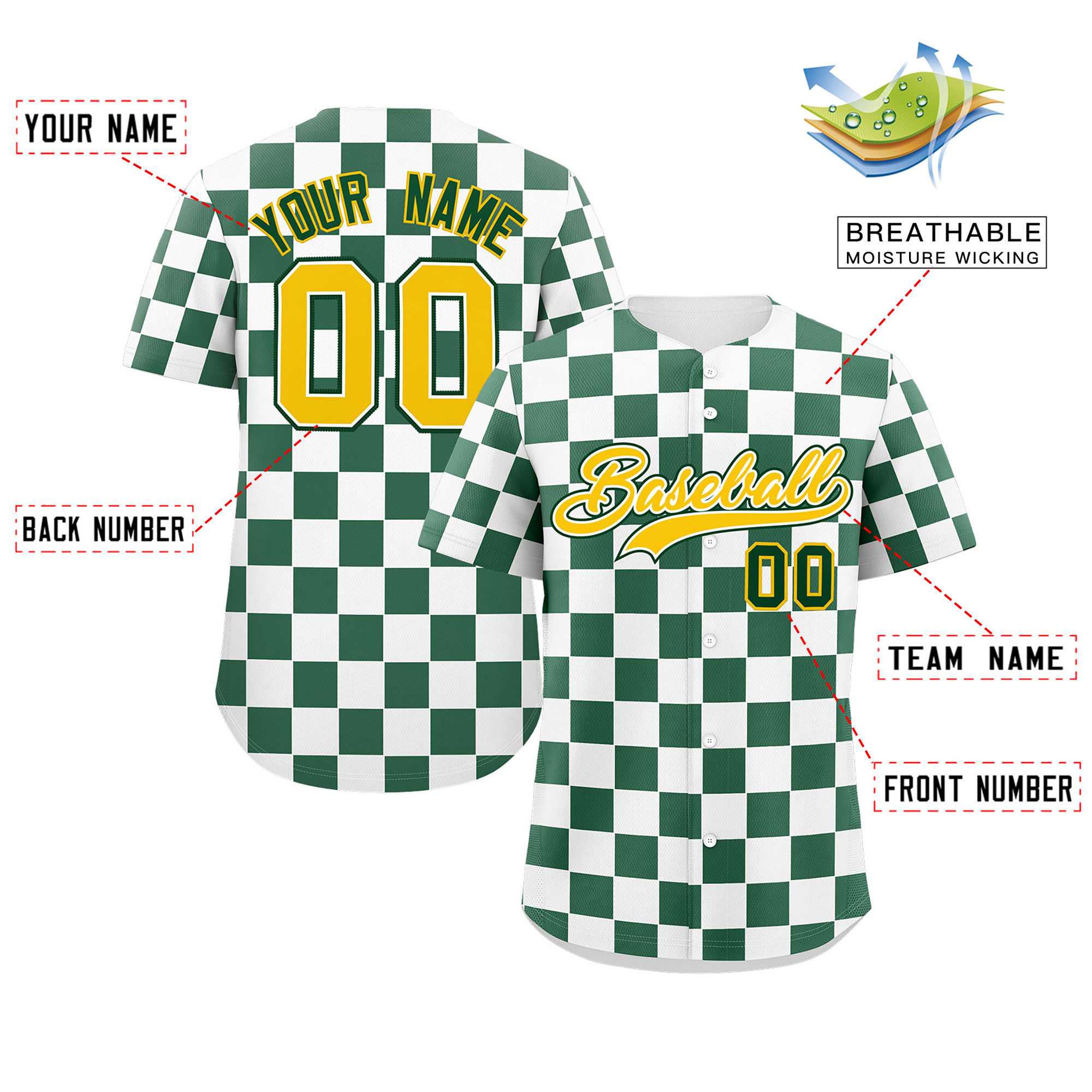 Custom White Green Square Grid Color Block Design Authentic Baseball Jersey