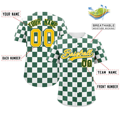 Custom White Green Square Grid Color Block Design Authentic Baseball Jersey