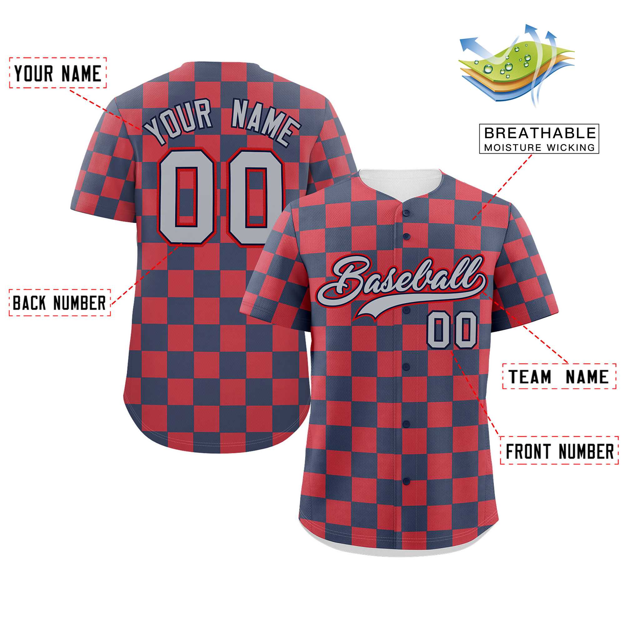 Custom Navy Red Square Grid Color Block Design Authentic Baseball Jersey