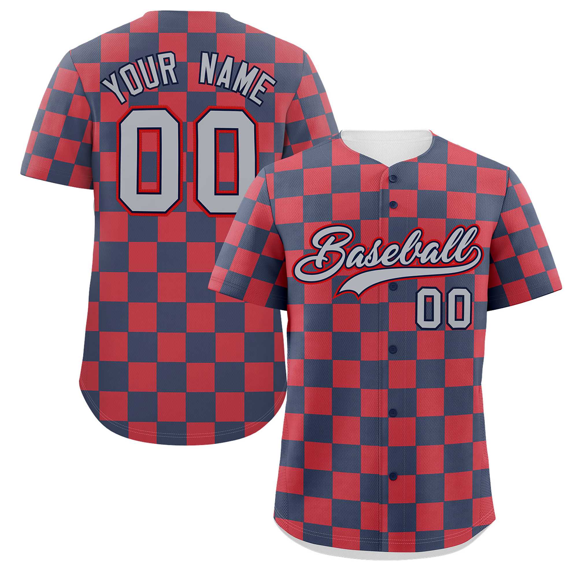 Custom Navy Red Square Grid Color Block Design Authentic Baseball Jersey