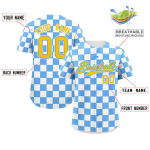 Custom Powder Blue White Square Grid Color Block Design Authentic Baseball Jersey