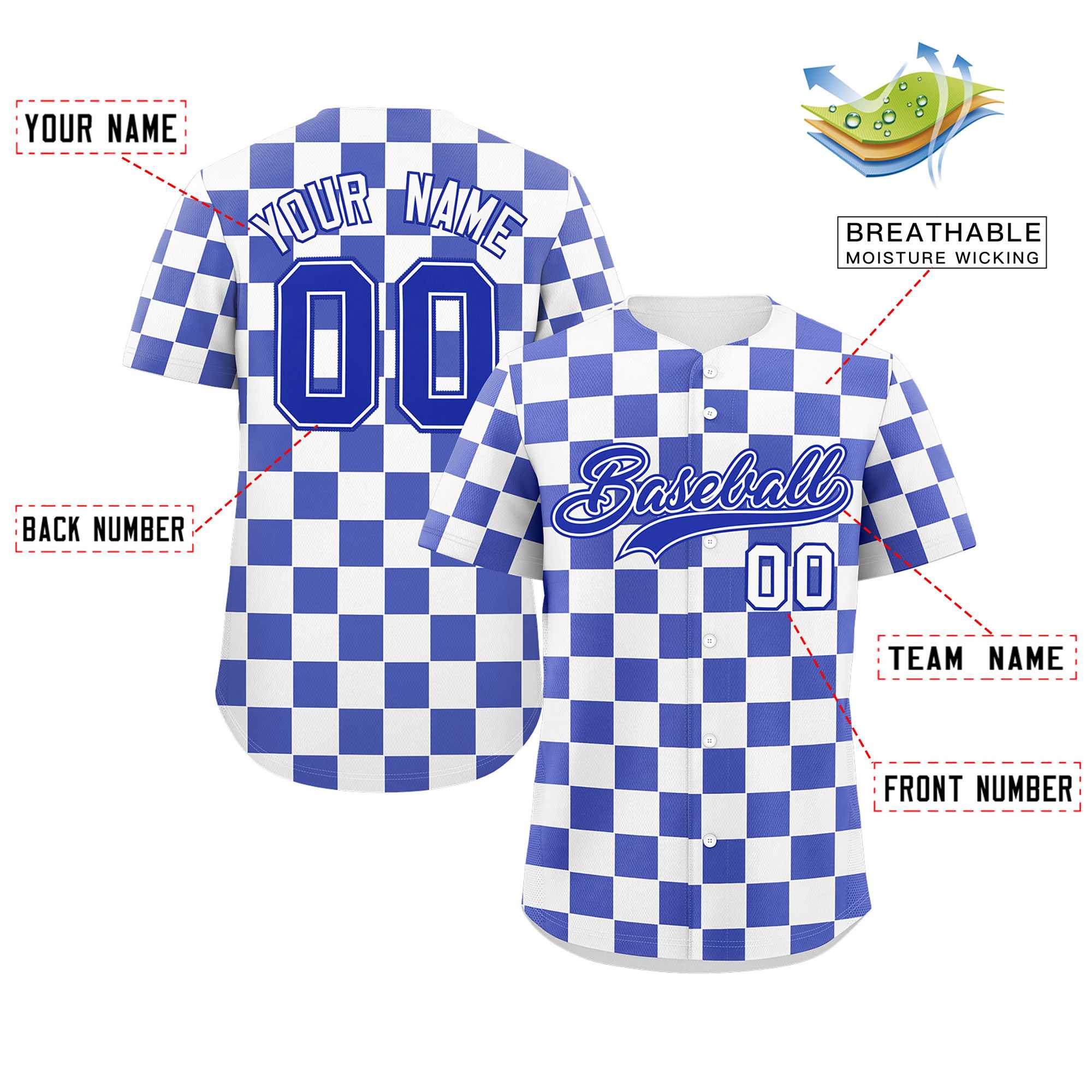 Custom White Royal Square Grid Color Block Design Authentic Baseball Jersey