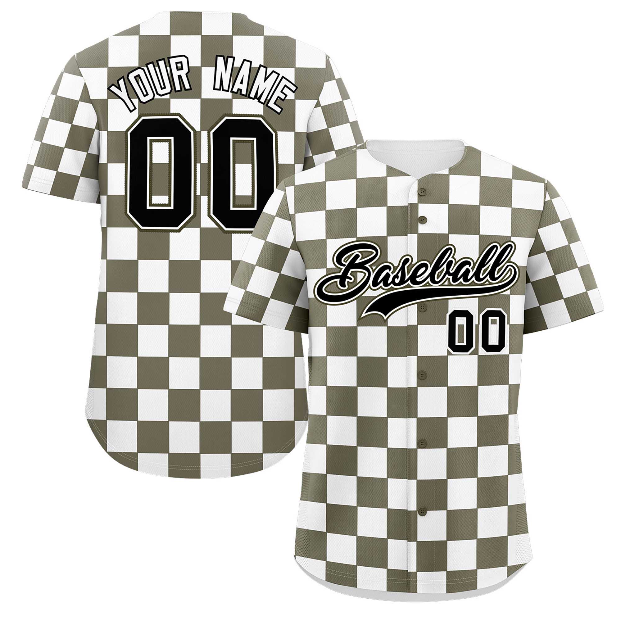 Custom Olive White Square Grid Color Block Design Authentic Baseball Jersey