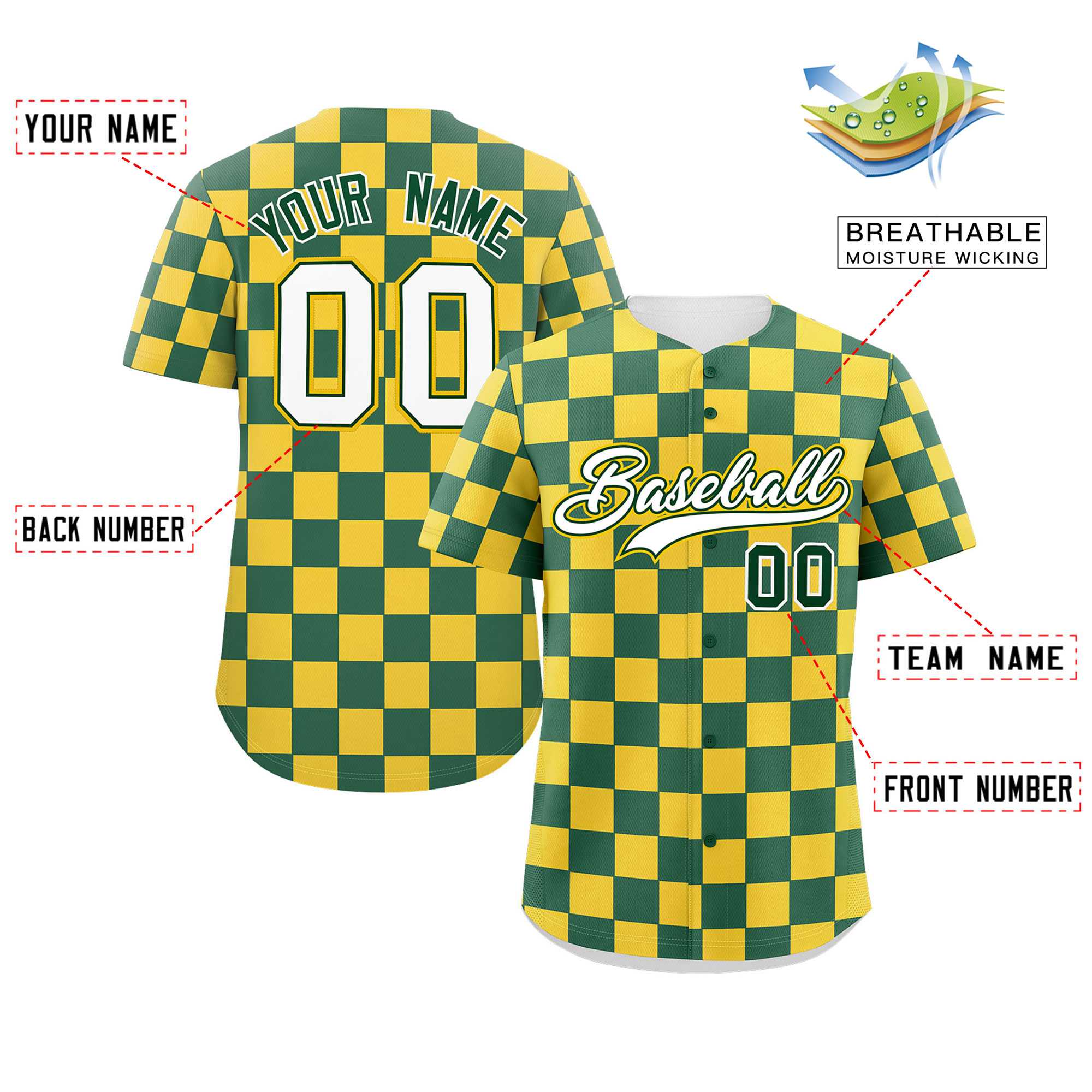 Custom Green Gold Square Grid Color Block Design Authentic Baseball Jersey