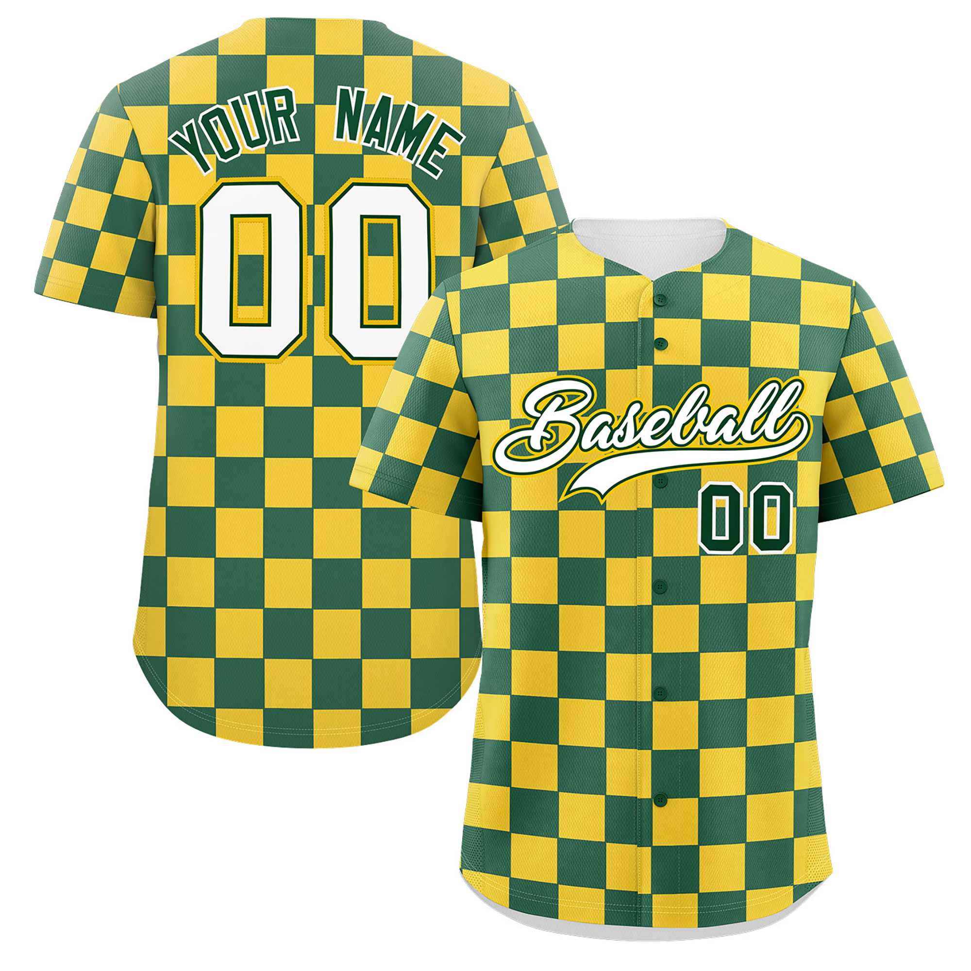 Custom Green Gold Square Grid Color Block Design Authentic Baseball Jersey