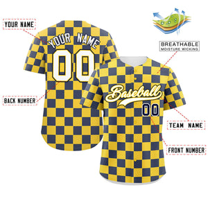 Custom Gold Navy Square Grid Color Block Design Authentic Baseball Jersey