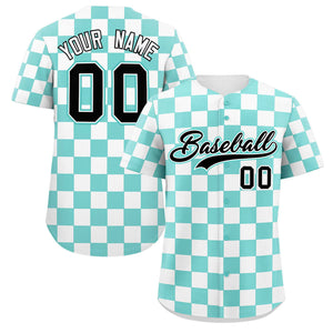 Custom Aqua White Square Grid Color Block Design Authentic Baseball Jersey