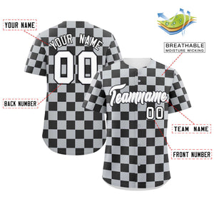 Custom Light Gray Black Square Grid Color Block Design Authentic Baseball Jersey