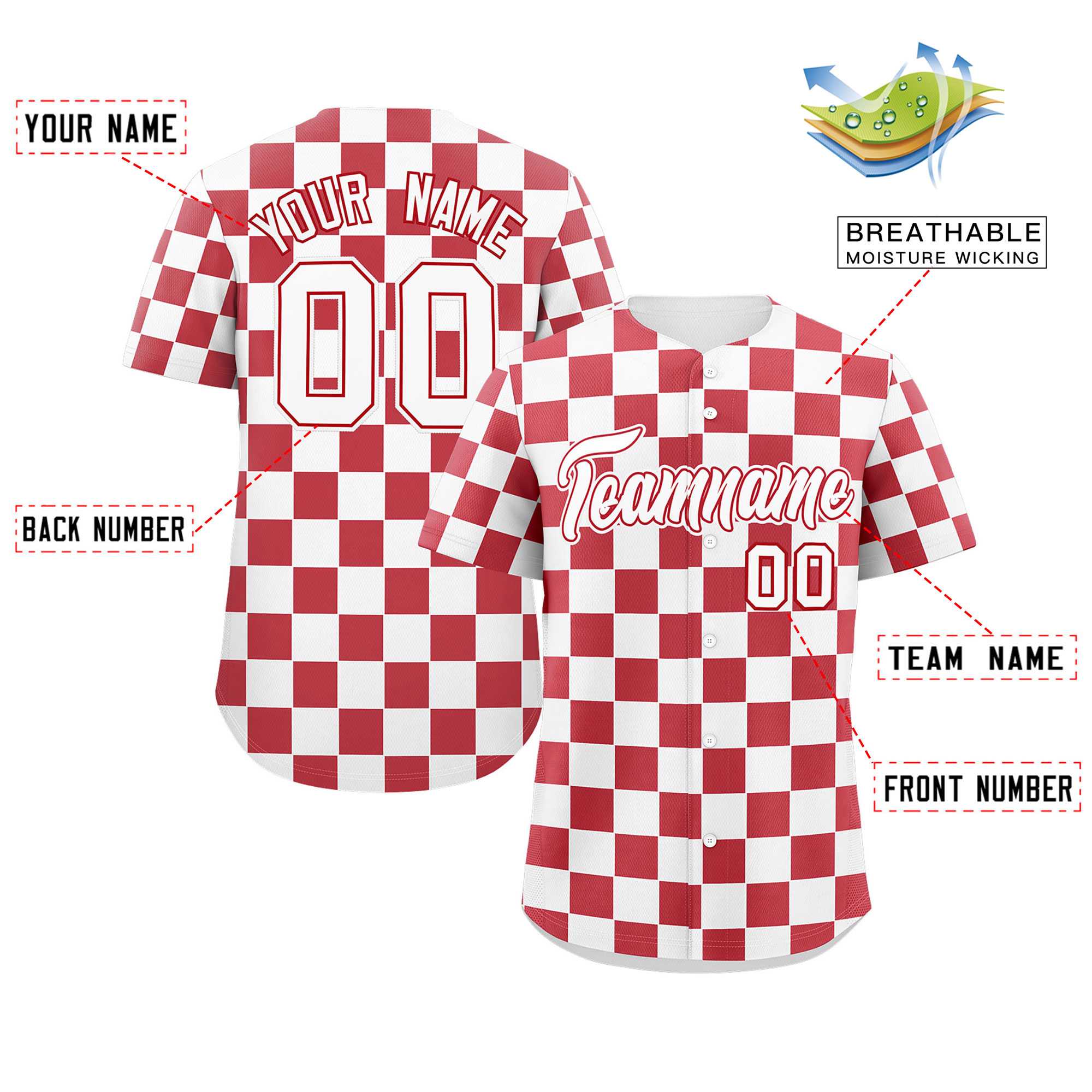 Custom White Red Square Grid Color Block Design Authentic Baseball Jersey