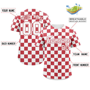 Custom White Red Square Grid Color Block Design Authentic Baseball Jersey